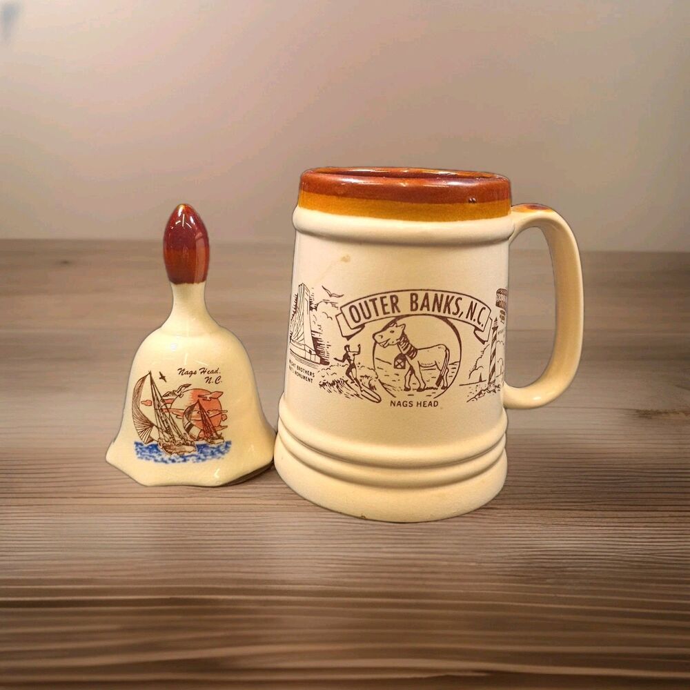 Vintage Outer Banks N.C. Nags Head Stoneware Bell And Beer Stein Mug Gift Set